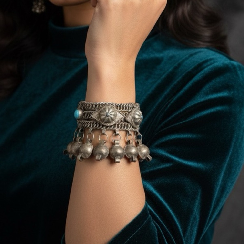 Unique vintage Gypsy boho statement cuff bracelet. Central Asia Nomads silver.